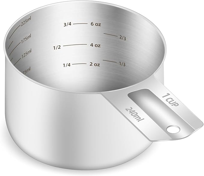 1PCS 1Cup (240ml, 8oz) Single Measuring Cup, Etched Inner Scale Stainless Steel Measure Scoop, Metric and US Measurement, Dishwasher Safe