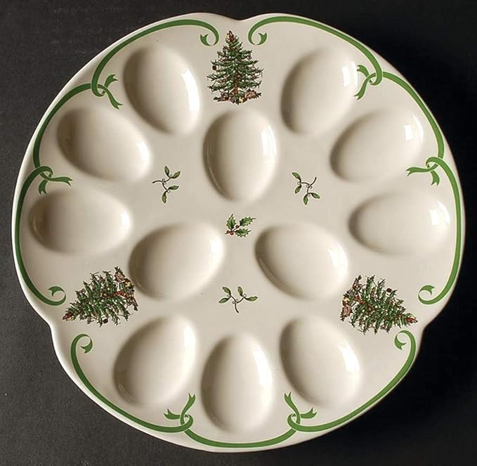 Spode Christmas Tree Deviled Egg Plate, 13 Inch Holiday Egg Serving Platter - Christmas Tree & Mistletoe Motif, Fine Porcelain Christmas Tableware, Dishwasher Safe Appetizer Tray