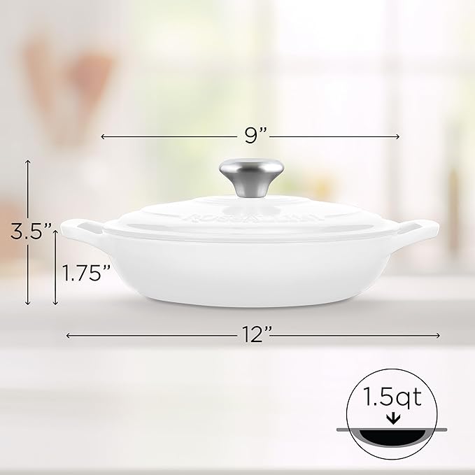 Signature Enameled Cast Iron Braiser, Non-Stick Serving Pot with Tight Fitting Lid for Perfect Roasting, Baking, Sauteing, Searing, and Pan Frying | 1.5Q (1.4L) - White