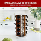 Orii Dark Acacia Wood Spice Rack with 20 EMPTY jars with Black Plastic Lids and FREE Stainless Steel Funnel & Labels