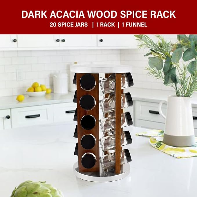 Orii Dark Acacia Wood Spice Rack with 20 EMPTY jars with Black Plastic Lids and FREE Stainless Steel Funnel & Labels