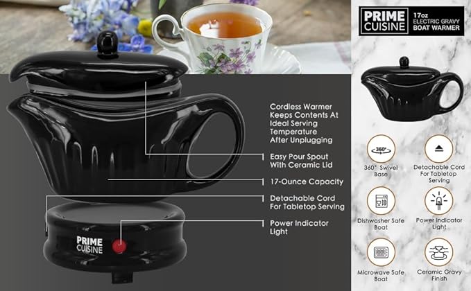 17oz Electric Gravy Boat Warmer, Ceramic Gravy Boat with Detachable Cord and Lid