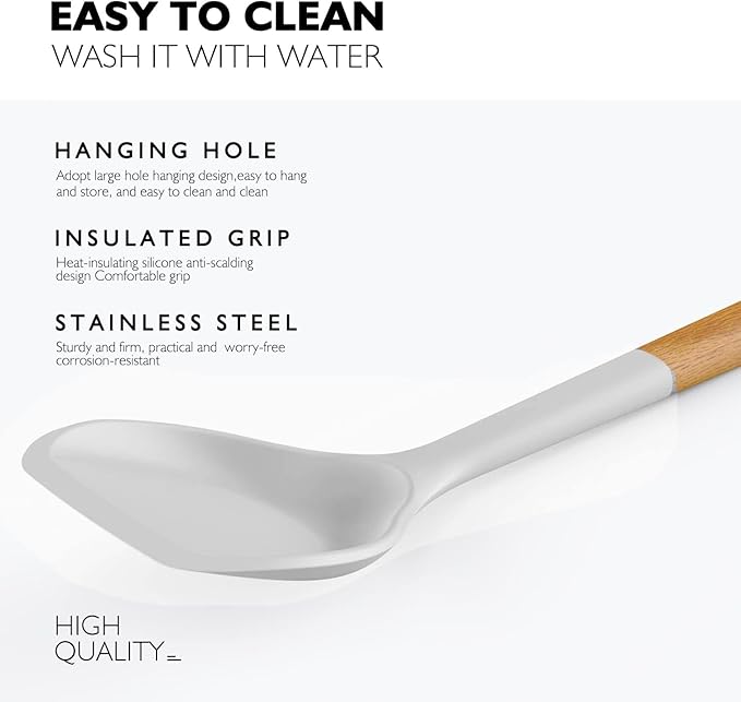 Large Silicone Cooking Utensils Set - Heat Resistant Silicone Kitchen Utensils for Cooking w Wooden Handles, Spatula Set, Kitchen Utensil Gadgets Sets for Non-Stick Cookware, BPA Free (White)