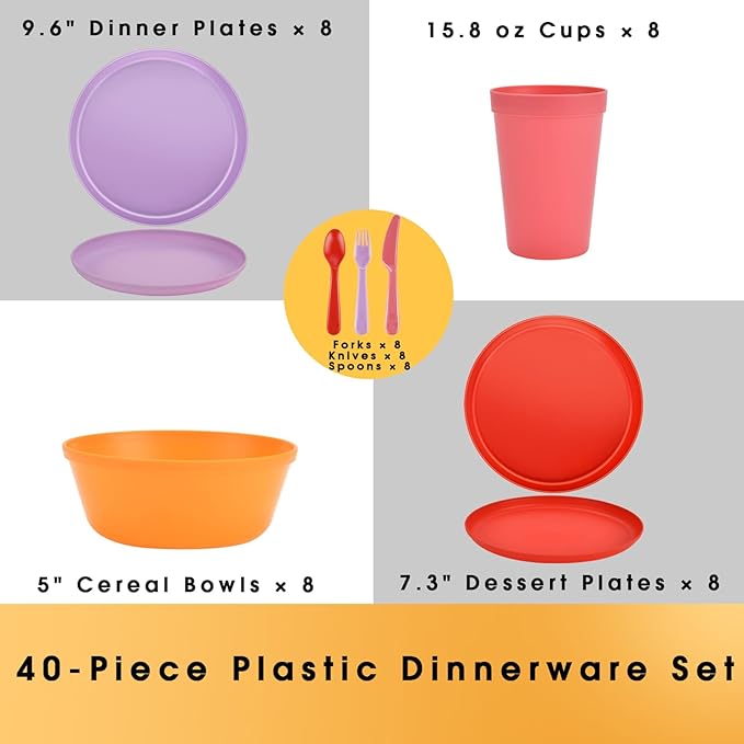 Boho Plastic Dinnerware Sets – 40-Piece Sunset Style Plates and Bowls Sets for 8, Reusable Unbreakable Dishes with Cups, Forks, Knives and Spoons, for Camping, Picnic or Everyday Use