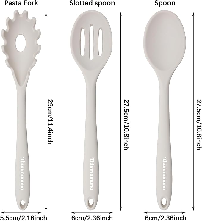 Silicone Cooking Spoons, Heat Resistant Large Silicone Pasta Slotted Spoon Solid Basting Spoon set for Nonstick Cookware, BPA Free Black Kitchen Silicone Spoons set for Mixing, Serving, Draining White