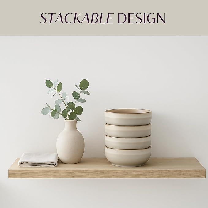 Ceramic Cereal Bowls Set of 4, 21 oz Stoneware Bowls for Soup, Salad, Dessert or Ice Cream - Stackable, Dishwasher & Microwave Safe, Small Rustic Bowls for Kitchen -Terracotta/Reactive Glaze