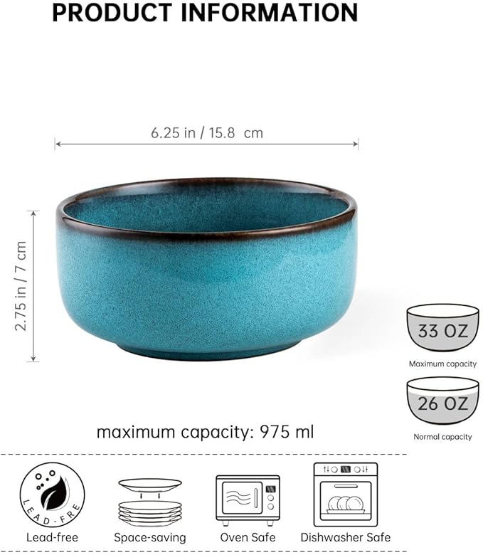 Henten Home Ceramic Cereal Bowl Set, 26 OZ Noodle Bowls Set of 4, Porcelain Salad Bowls for Kitchen, Reactive Glaze Serving Soup Bowls for Ramen, Oatmeal, Microwave Safe (Aqua)