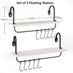 Olakee Floating Wall Shelves for Kitchen Bathroom Coffee Nook with 10 Adjustable Hooks for Mugs Cooking Utensils or Towel Rustic Storage Shelves Set of 2/17x5.9 inch (White)