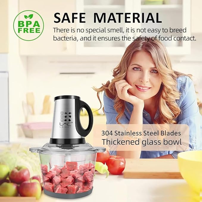 Large Food Processors,Meat Grinder Veggie Chopper with a Glass and a Stainless Steel Bowls,3 Speeds,2 pieces 6 Bi-Level Bladesand Spatula for Baby Food,Meat,Vegetables,Fruits(16+16 CUP)