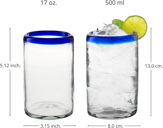 Corazón Bonito Handblown Mexican Glasses Set of 6, Blue Cobalt Rim Drinking Glasses, Artisan Crafted Glassware (17 oz each)