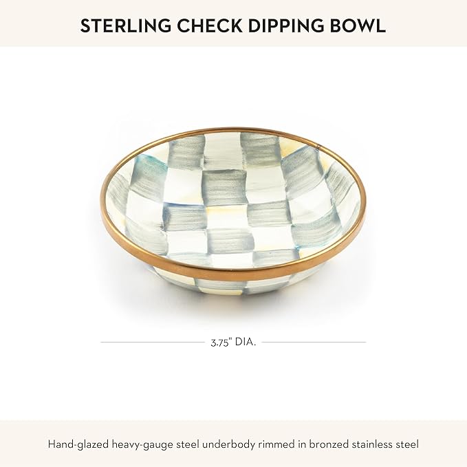 MACKENZIE-CHILDS Enamel Dipping Bowl, Small Serving Bowl for Entertaining, Gray-and-White Sterling Check