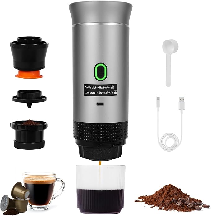 Portable Electric Espresso Machine,3-in-1 Mini Coffee Maker,Self-Heating Car Coffee Maker with USB-C, Small Coffee Machine with Ground Coffee & Capsules for RV, Hiking, Office (silver)