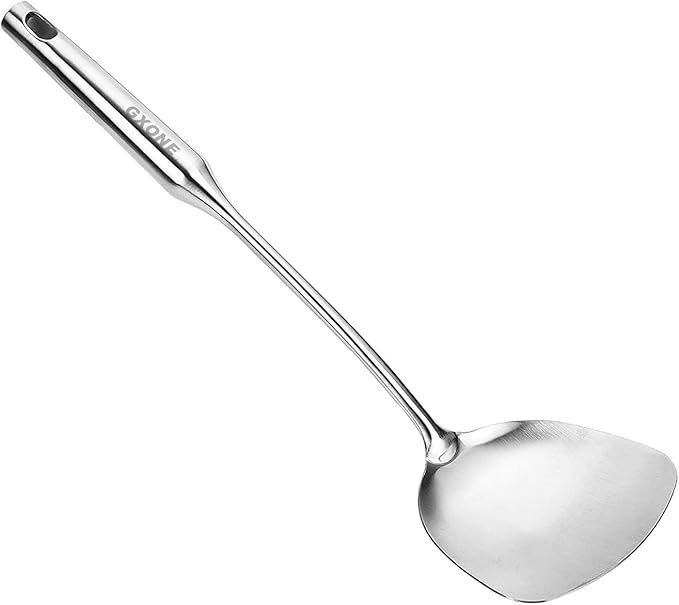 Wok Spatula Stainless Steel, Wide Metal Spatula with Hollow Long Handle Wok Utensils,Silver/14.7Inch