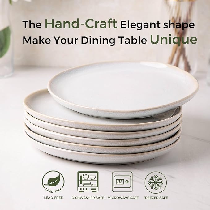 AmorArc Ceramic Dinner Plates Set of 6, 10.5 Inch Handmade Reactive Glaze Stoneware Plates, Rustic Shape Dinnerware Dish Set for Kitchen, Microwave & Dishwasher Safe, Scratch Resistant