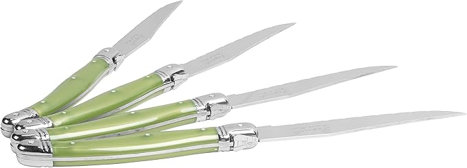 French Home Laguiole 4-Piece Steak Knife Set – Sophisticated Stainless Steel Dinner Knives with Spring Grey Handles & Iconic Bee Emblem – Serrated Knives for Smooth Cutting (9.25")