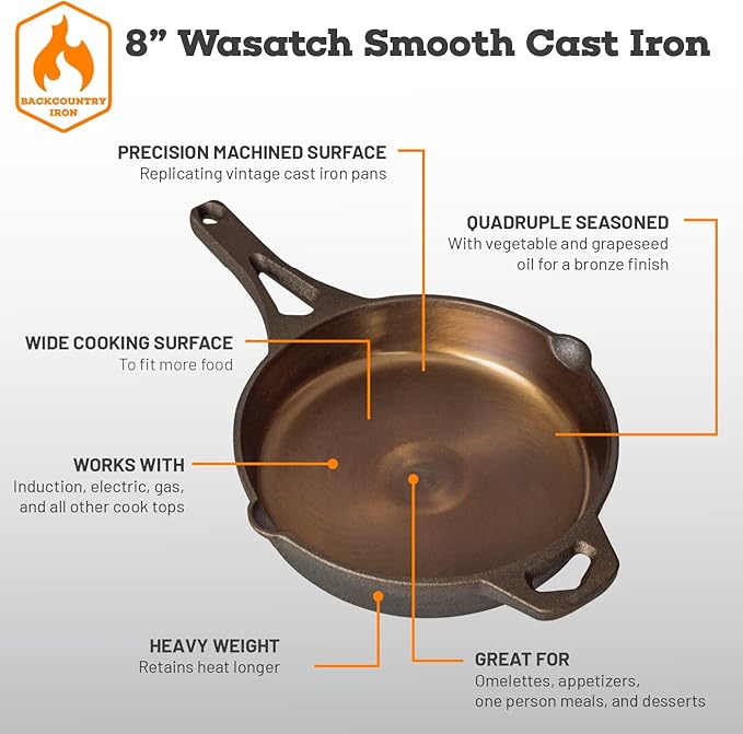 Backcountry Iron 8 Inch Smooth Wasatch Pre-Seasoned Round Cast Iron Skillet
