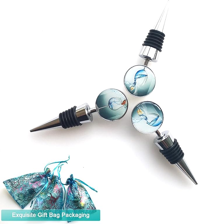 Wine Bottle Stoppers Stainless Steel Wine Stoppers with Decorative Art Glass, Wine and Beverage Bottle Corks for Gifts, Bar, Wedding, Holiday Party (Blue)