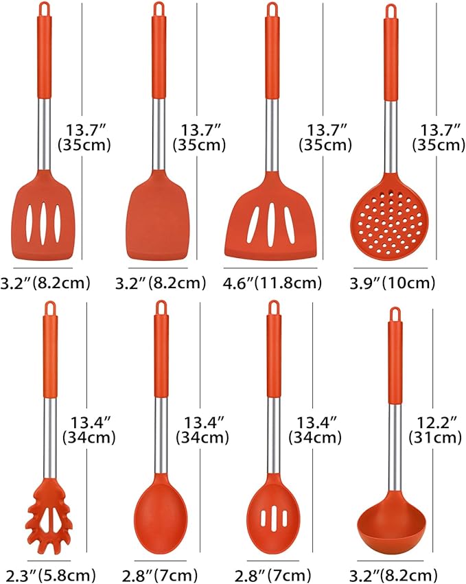 Silicone Cooking Utensil Set, 8Pcs Non-stick Cookware with Stainless Steel Handle, BPA Free Heat Resistant Kitchen Tools with Spatulas, Turners, Spoons, Skimmer and Pasta Fork (RED)