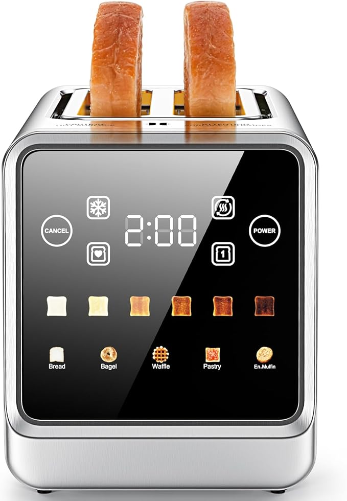 Toaster 2 Slice Wide Slot, Stainless Steel Digital Toasters Best Rated Prime, Touch Screen Toaster for 5 Bread Types/6 Shade Settings/Single Slot Toasting/Memory Function/Defrost/Reheat