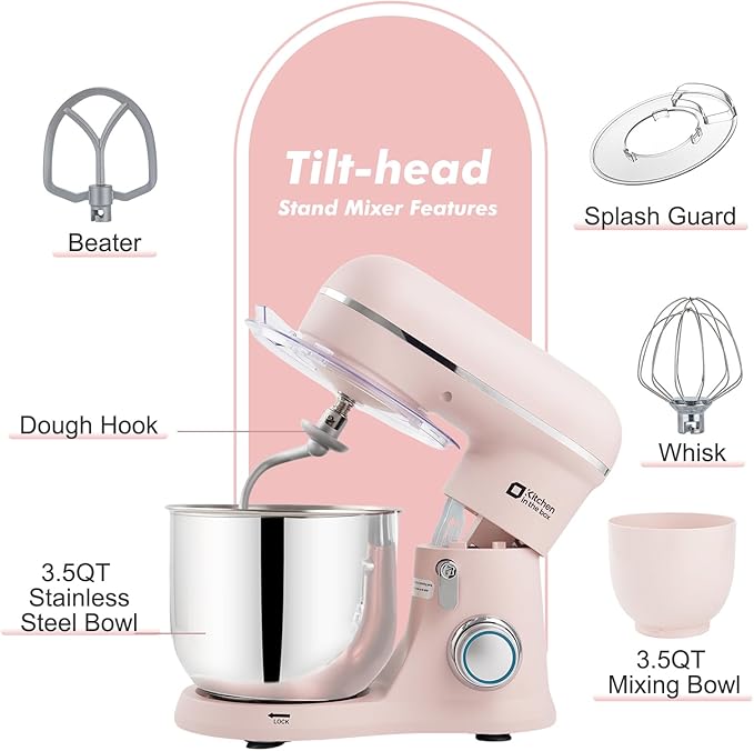 Kitchen in the Box Stand Mixer, 3.5QT Two Bowls Small Kitchen Electric Mixer, 10-Speed Portable Lightweight Matte Finish with Egg Whisk, Dough Hook, Beater (Rose Pink, 3.5QT)
