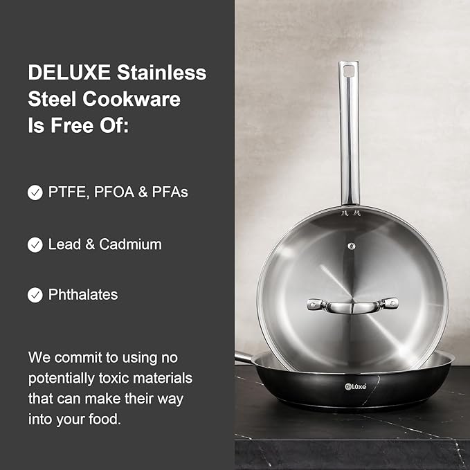 DELUXE Stainless Steel Frying Pan with Lid, 11-Inches Oil Gather Pro Skillet with 3-Ply Heavy Bottom, PFOA Free Frying Pot with Stay-Cool Handle Compatible with All Stoves, Dishwasher Oven safe