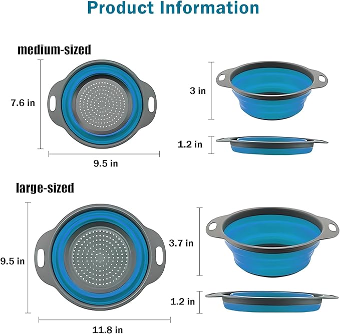 Collapsible Colander Set of 2 Silicone Kitchen Strainer Set, Perfect for Draining Pasta, Vegetable and fruit for Kitchen and Travel Use (Blue)