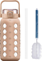 MUKOKO Half Gallon/64 oz Glass Water Bottles with Straw and Lid,Motivational Water Jug with Time Marker Reminder and Silicone Sleeve,100% Leakproof BPA Free Fitness Sports Large Bottle-Amber