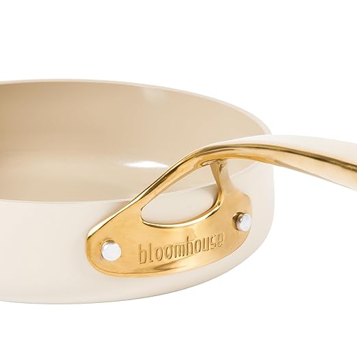 bloomhouse 8 Inch Heavy Duty Aluminum Premium PFA Free Ceramic Nonstick Saute/Deep Frying Pan Skillet - Almond Cream w/Gold Handle