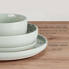 HaWare 16-Piece Plates and Bowls Set for 4, Stoneware Dinnerware Sets with Pasta Bowl, Dishes Set for Home Restaurant, Speckled Asparagus Green