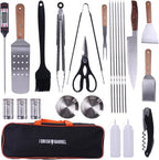 BBQ Accessories 24 in 1. Outdoor Grill Tools with Fork, Tong, Skewers, Digital Meat Thermometer - No Battery Included. Complete Grilling Tools kit with Portable Bag