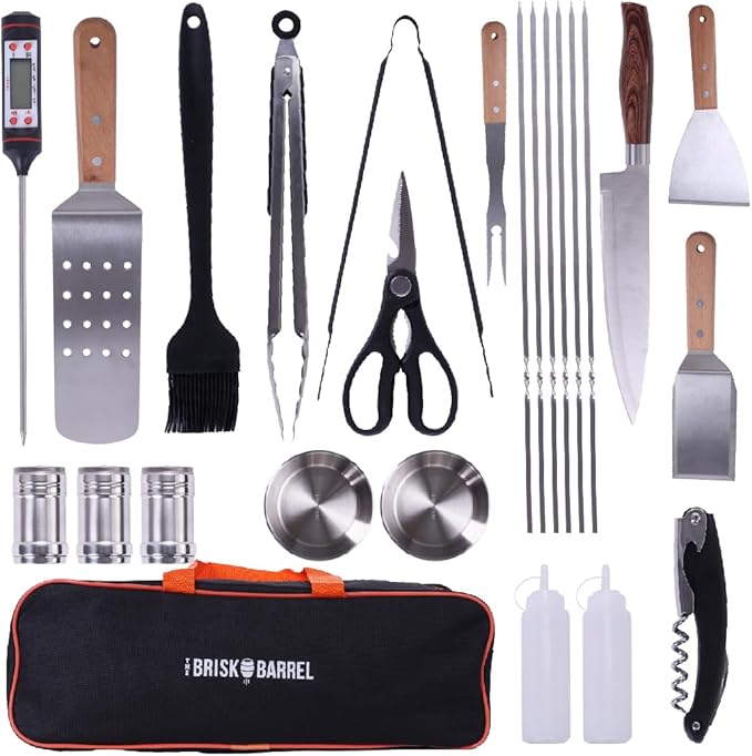 BBQ Accessories 24 in 1. Outdoor Grill Tools with Fork, Tong, Skewers, Digital Meat Thermometer - No Battery Included. Complete Grilling Tools kit with Portable Bag