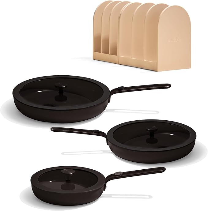 Our Place 8-Piece Essentials Complete Cookware Set - Ceramic Fry Pan Trio & Modular Rack Storage | Nontoxic Thermakind™ Nonstick, Oven Safe up to 450°F & Compatible with All Cooktops | Char