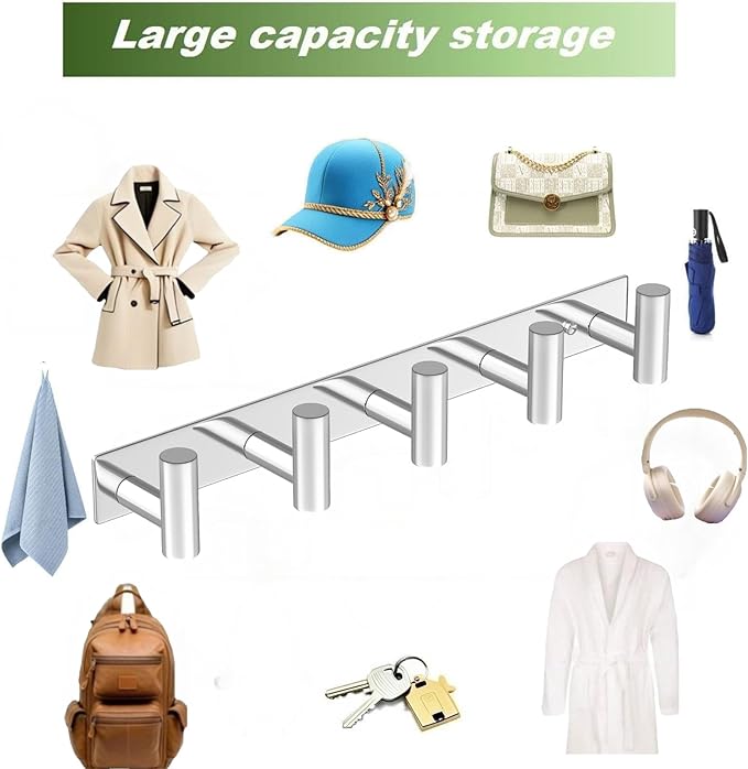 Wall Mounted Coat Rack-5 Hooks, Heavy Duty Stainless Steel Hook Rail for Towel Coat Hat Purse Bag Jacket, Towel Hooks for Entryway Bathroom Kitchen (Glossy 5 Hooks - 1 Pack)