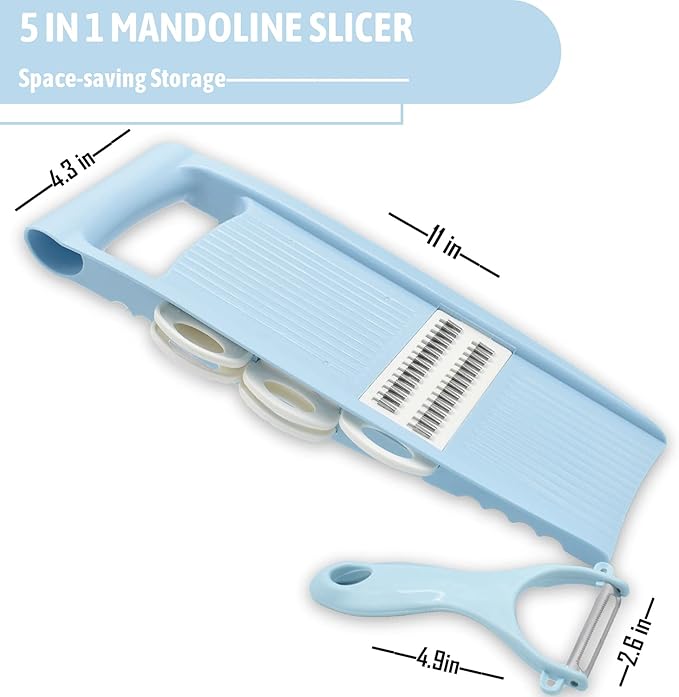 5 in 1 Mandoline Slicer for Kitchen, Vegetable Slicer Multi Blade Potato Chip, Veggie shredder, Vegetable Cutter, Julienne Shredder and peeler For Small Job In Kitchen Blue