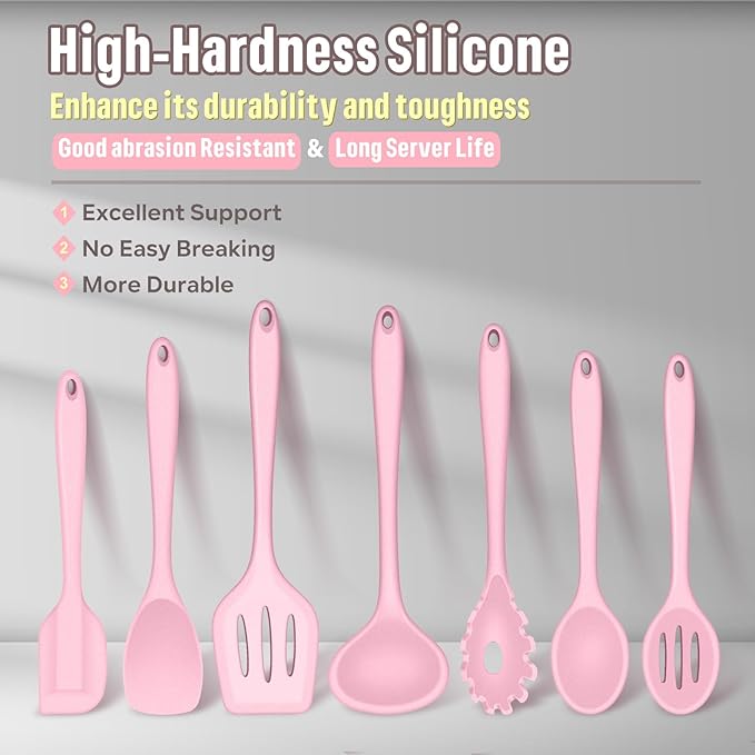 E-far Silicone Cooking Utensils Set, 7-Piece Pink Heat Resistant Kitchen Utensils Set, Kitchen Nonstick Tools Spatula Ladle Spoon Pasta Server for Non-stick Cookware, Non-Toxic & Dishwasher safe