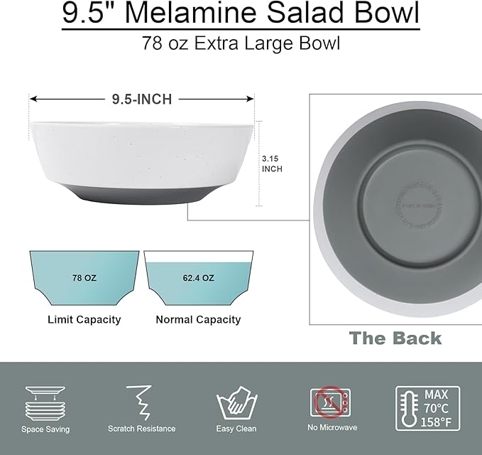 Webbylee 9.5" Melamine Serving Bowl -78oz Durable Large Bowl for Mixing Fruit, Pasta, Salad, and Soup - An Ideal Housewarming Gift White & Grey