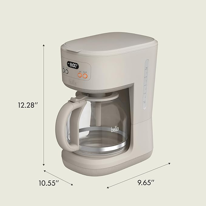 BELLA 12 Cup Programmable Coffee Marker, Reusable Dishwasher Safe Accessories, Easy LCD diaply, Auto Shutoff, 900 watt, Oatmilk