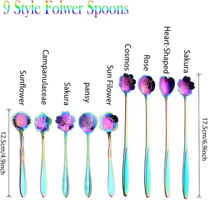 9 Pcs Flower Spoon Coffee Teaspoon Set, ESRISE Stainless Steel Tea Spoon for Tea Party Decorations (Multi)