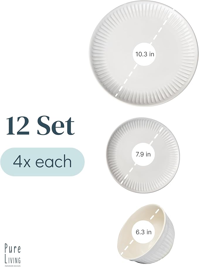 Stoneware Dinnerware Set for 4 People HYGGE 12-Piece - Elegant Scandi Design - Premium Dish Set - Bowl and Plate Set - Tableware for 4 People in a Ribbed Design - Pure Living in White