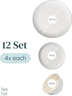 Stoneware Dinnerware Set for 4 People HYGGE 12-Piece - Elegant Scandi Design - Premium Dish Set - Bowl and Plate Set - Tableware for 4 People in a Ribbed Design - Pure Living in White