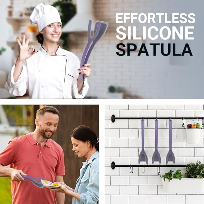 Silicone Egg Flipper Spatula Tongs (Set of 1) – Non-Stick 2-in-1 Grip & Flip Kitchen Tongs for Pancakes, Fish, Eggs, and More – Heat Resistant Cooking Tool (Black) (Purple)