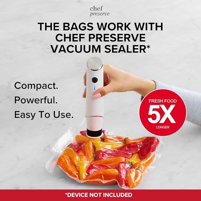 Chef Preserve Reusable Vacuum Sealer Bags for Food – 30 BPA-Free Medium (10 x 11 in) Food Storage Bags, Freezer, Microwave – Odor-Resistant, Leak-Proof – Compatible with Chef Preserve Vacuum Sealers