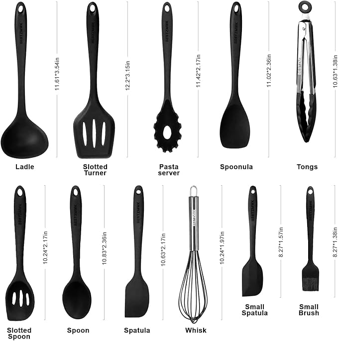 Kitchen Utensil Set - 11 Cooking Utensils - Colorful Silicone Kitchen Utensils - Nonstick Cookware with Spatula Set - Colored Best Kitchen Tools Kitchen Gadgets (Black)