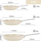 MsMk Ceramic Nonstick 8-inch, 9.5-inch and 11-inch Frying Pan Set, No PFAS & PTFE & PFOA, Stainless Steel Handle, Dishwasher & Oven Safe,induction Base