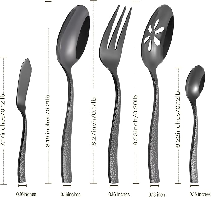 Stainless Steel Silverware Serving Set Hammered Black Mirror Finished 5 Piece Serving Utensil Set Flatware Set