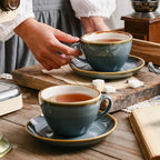 SHUER Ceramic Cappuccino Cup Set of 4, 11.2 OZ Cups and Saucers Set,Coffee Mocha Cup Sets,Black Coffee Cups and Glaze Americano Mug Great for Party and Low Tea Time (Blue 320ml)