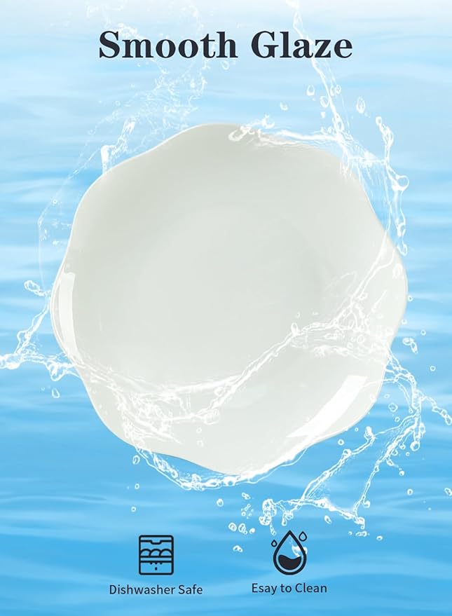 8.5 Inch Salad Plates Set of 8, Ceramic White Leave Wave Rim Small Dinner Appetizer Pasta Plate, Porcelain Dinnerware Serving Dishes for Pancakes, Steak, Pizza, Microwave, Dishwasher Safe