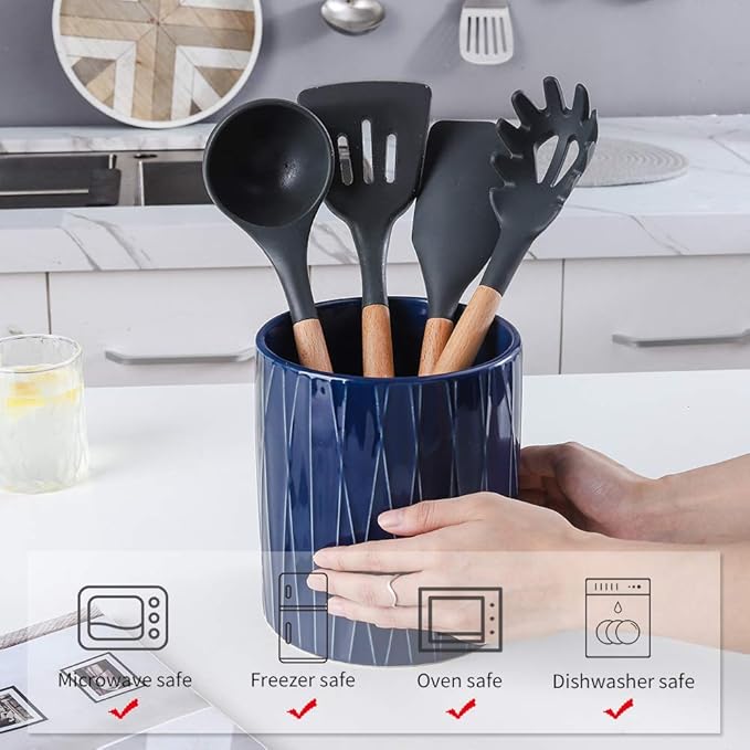 KOOV Kitchen Utensil Holder, Large Ceramic Utensil Crock, Deep and Stable, Containers for Household or Kitchen Use (Aegean)