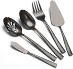 Large Hostess Serving Utensils Set, Stainless Steel Heavy Duty Hammered Serving spoons, Slotted Spoons, Serving Fork, Cake Server, Butter Knife, Dishwasher Safe（Black）