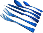 24-Piece Blue Flatware, Mirror 18/10 Stainless Steel Modern & Luxury Dinnerware Set With Serrated Steak Knife Teaspoon For Daily Use or Dinner Party Restaurant - Service For 4
